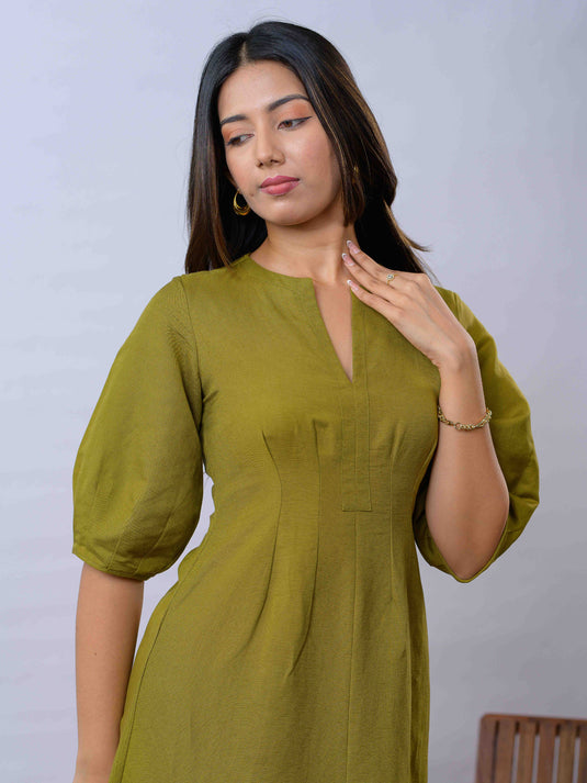Linen midi dress with pleat detail