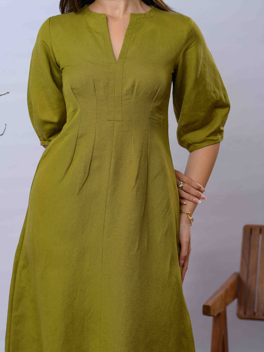 Linen midi dress with pleat detail