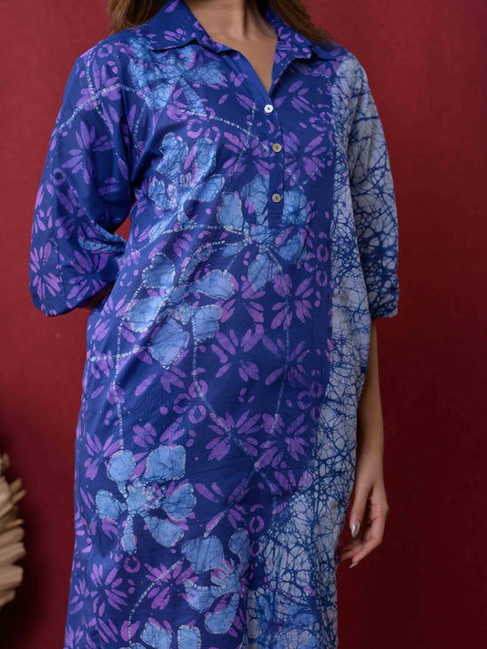 BATIK PUFF SLEEVED STRAIGHT DRESS DETAILED WITH SIDE POCKETS