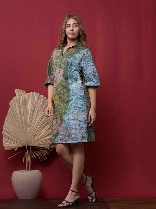 BATIK PUFF SLEEVED STRAIGHT DRESS DETAILED WITH SIDE POCKETS