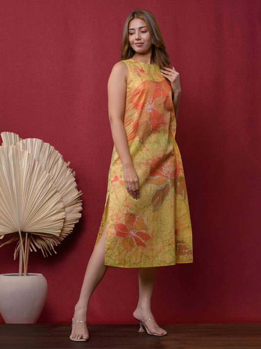 SIDE SLIT DETAILED FLORAL SLEEVELESS BATIK DRESS