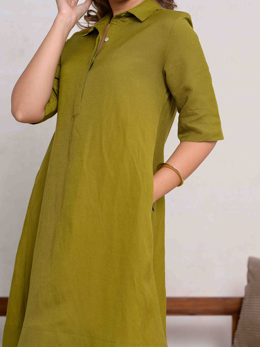 Premium Linen Trapeze Dress With Short Placket