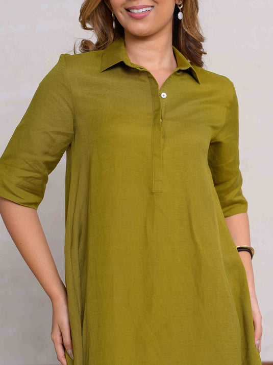 Premium Linen Trapeze Dress With Short Placket