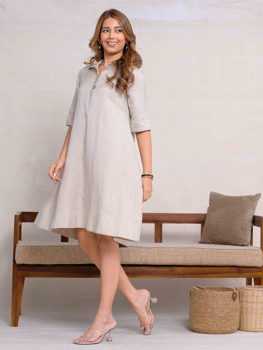 Premium Linen Trapeze Dress With Short Placket