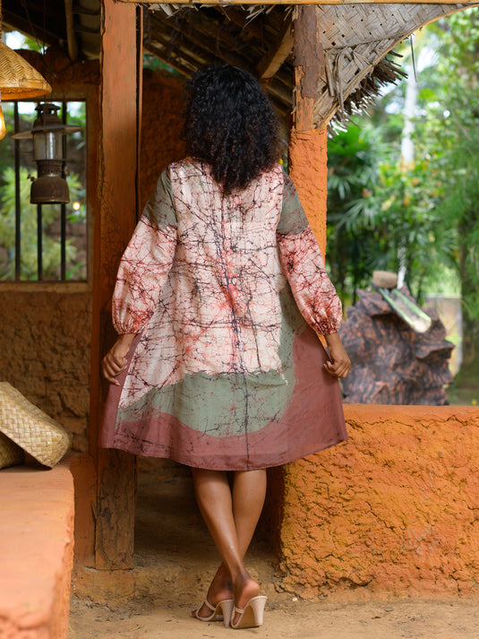 Batik long puff sleeve midi dress