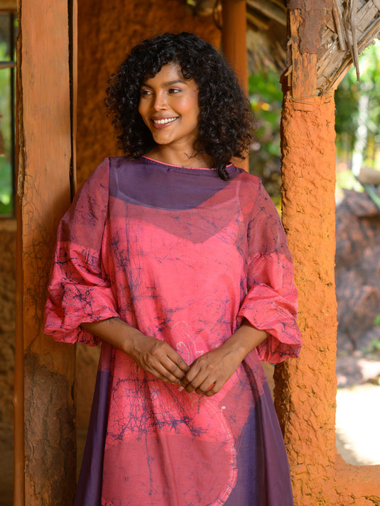 Batik long puff sleeve midi dress