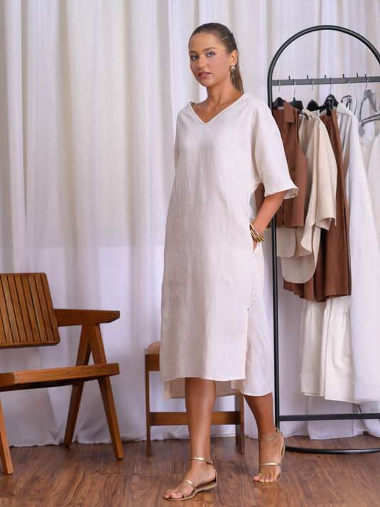 V neck linen dress with back tie