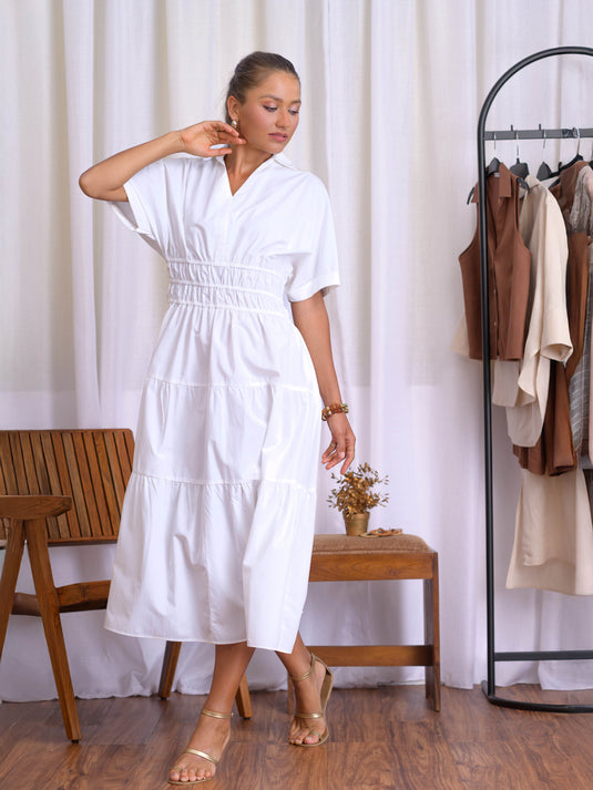 Maxi dress with tiered panels & shirring detail