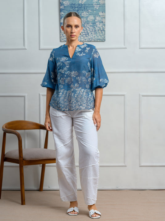 Batik V-neck puff sleeve top