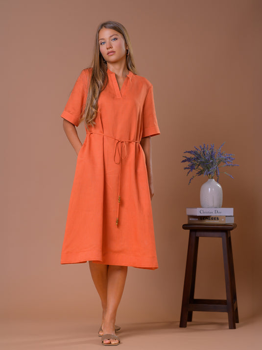 Linen shift dress with beated tie