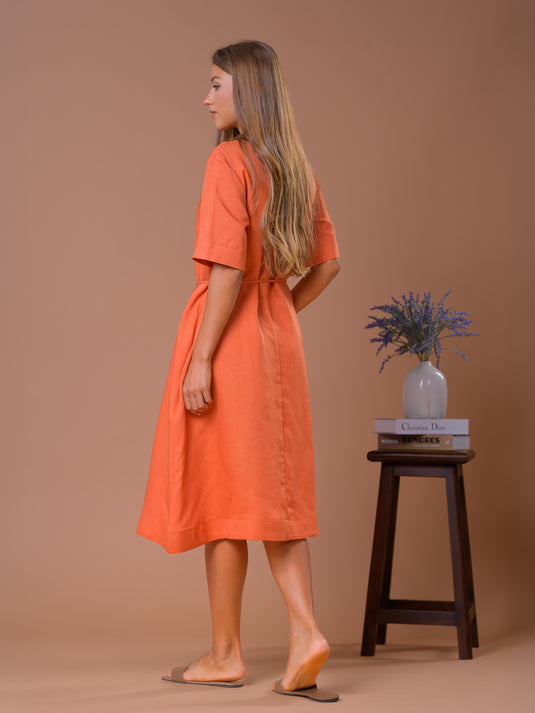 Linen shift dress with beated tie
