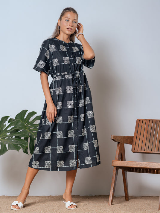 Printed midi dress with draw cord waist