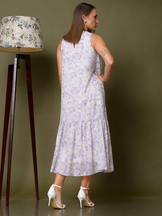 Sleeveless round neck midi dress with tiered panel