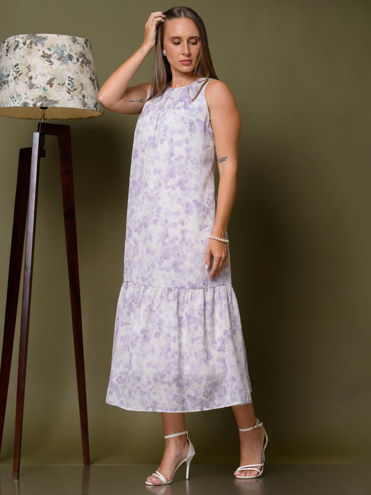 Sleeveless round neck midi dress with tiered panel