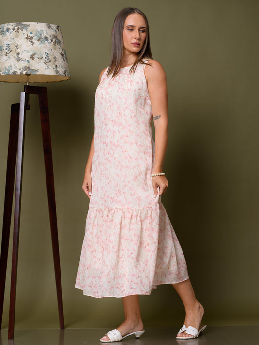 Sleeveless round neck midi dress with tiered panel