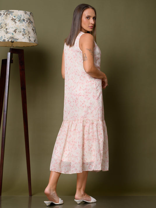 Sleeveless round neck midi dress with tiered panel