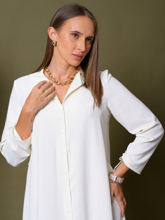 Button down dress with ruched sleeves