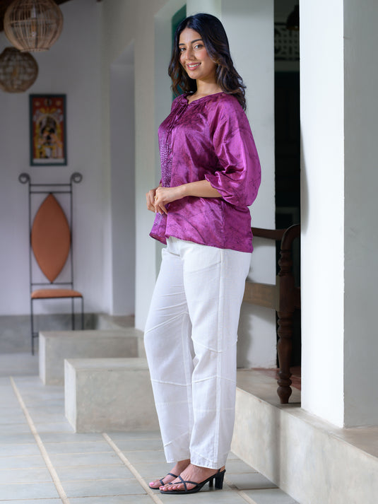 Batik front tie puff sleeve top