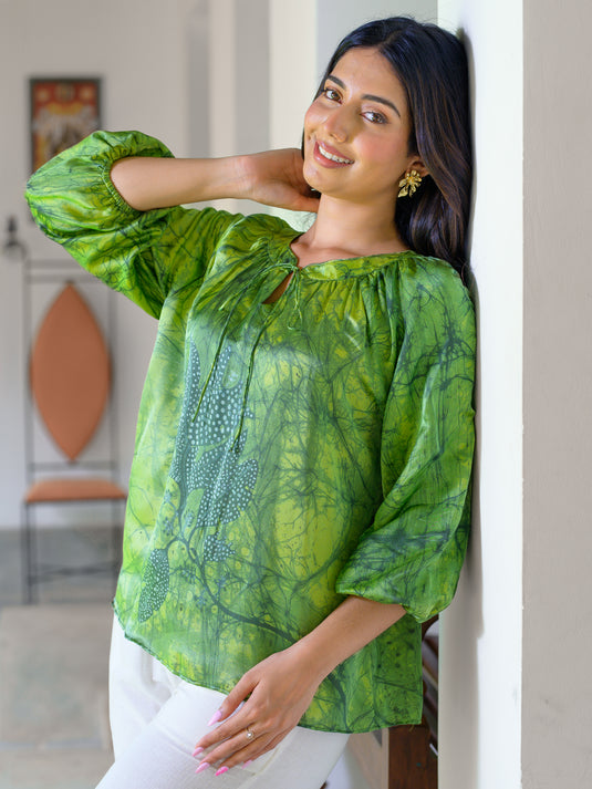 Batik front tie puff sleeve top