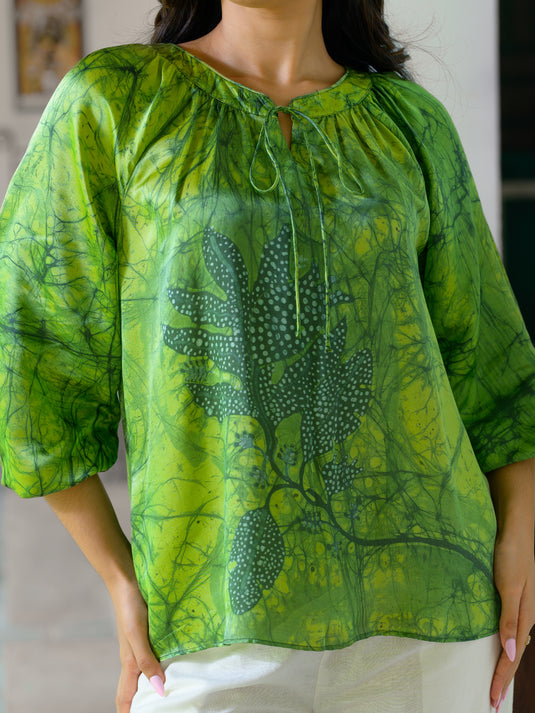 Batik front tie puff sleeve top