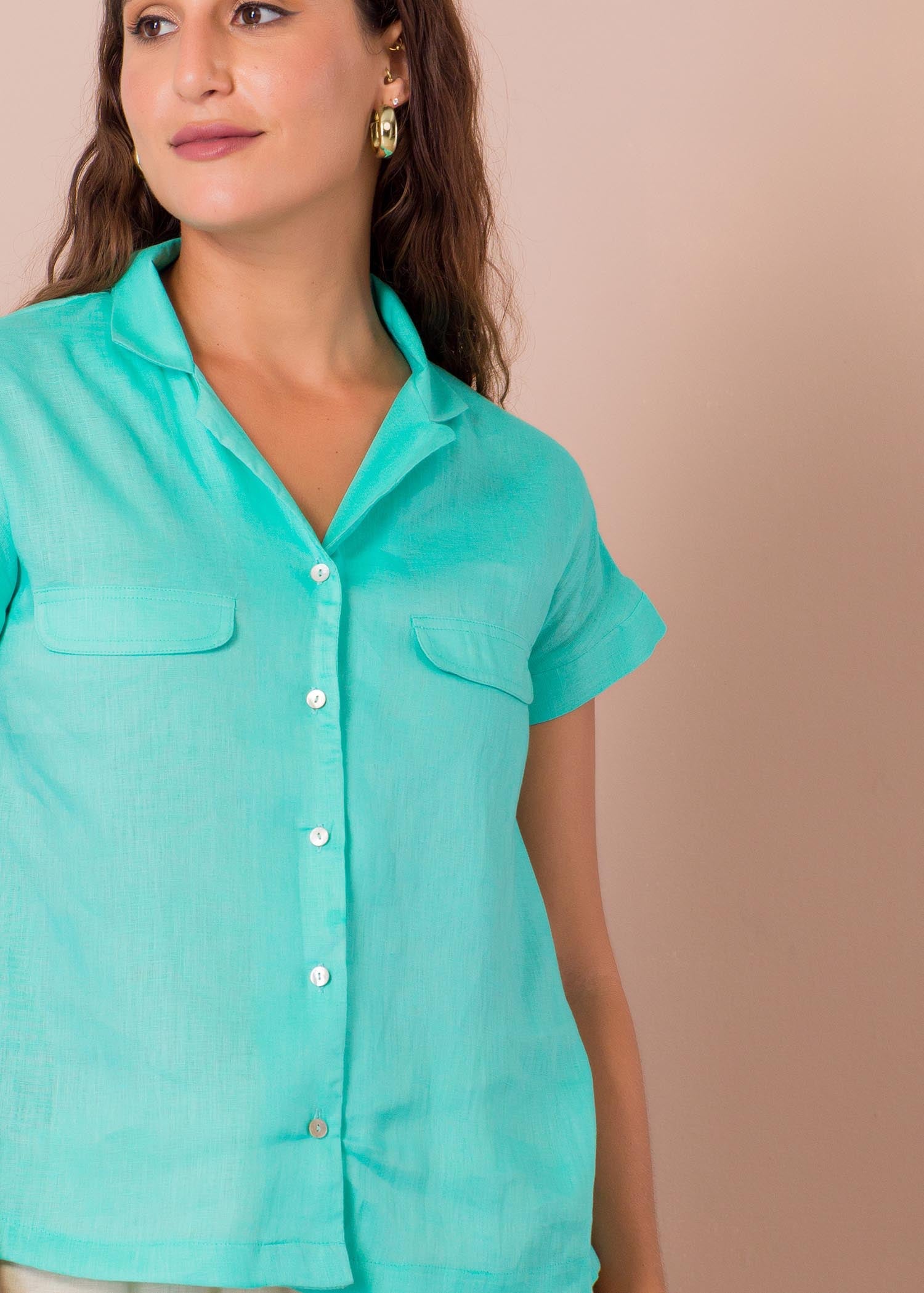 Extended shoulder blouse with front flaps