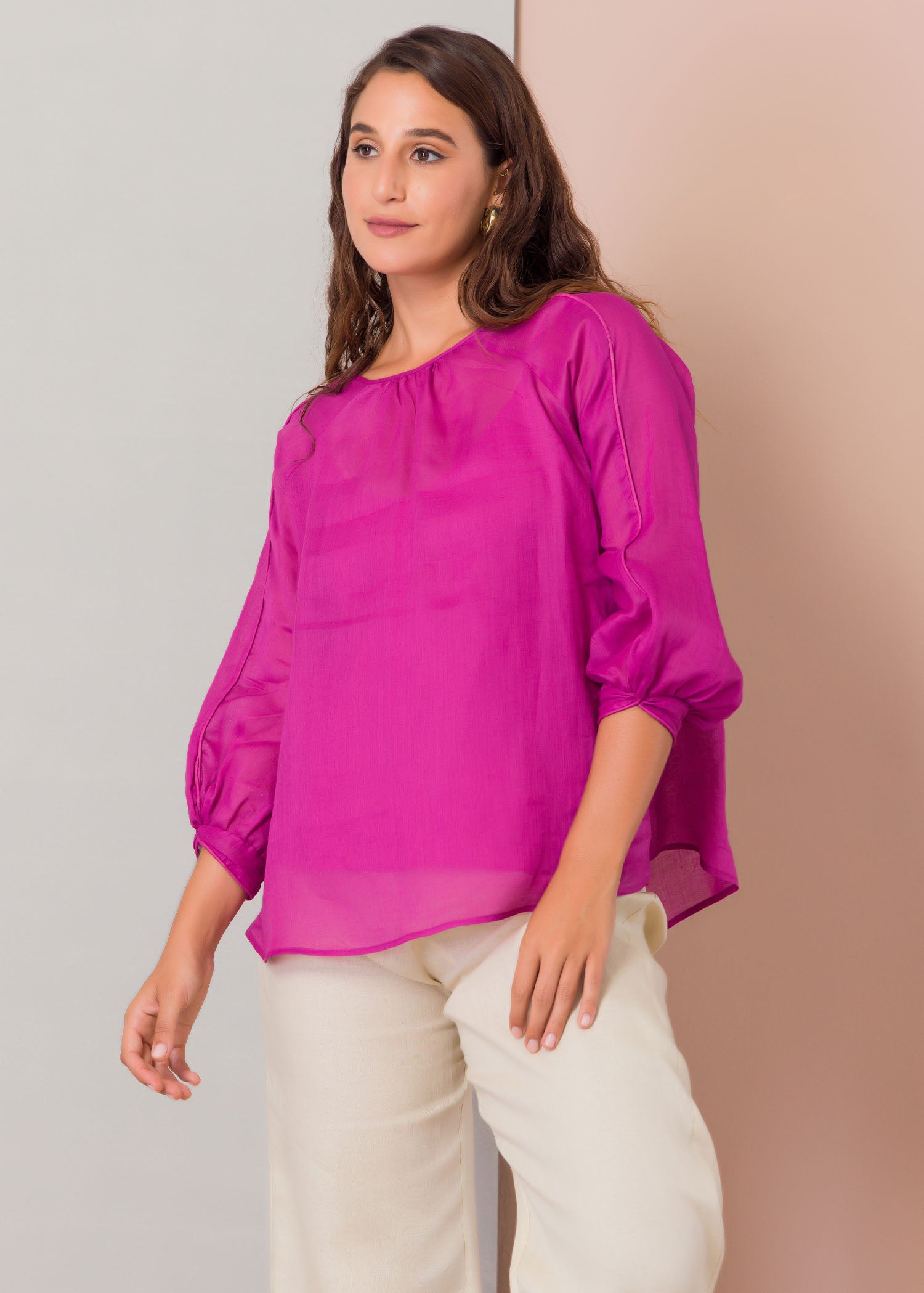 Ragalan sleeve blouse with piping detail