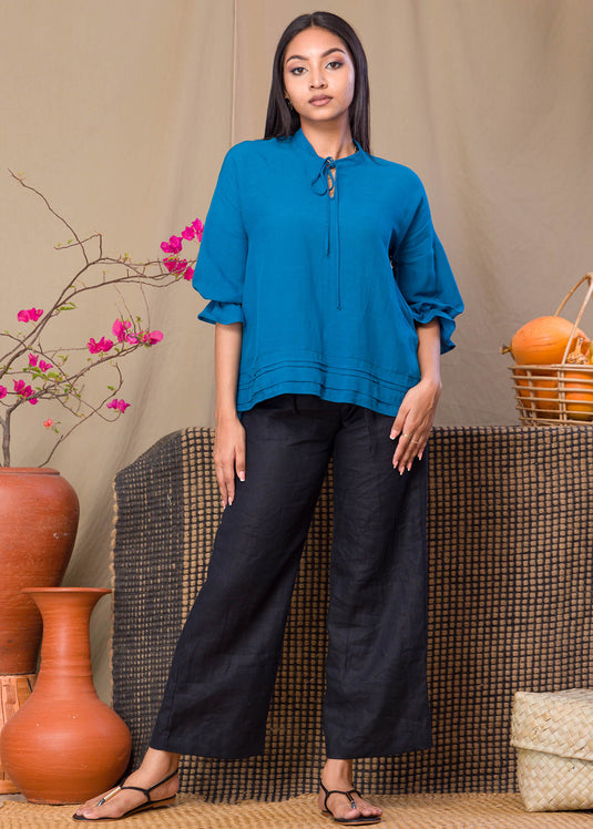 Neck Tie Blouse With Pin Tucks