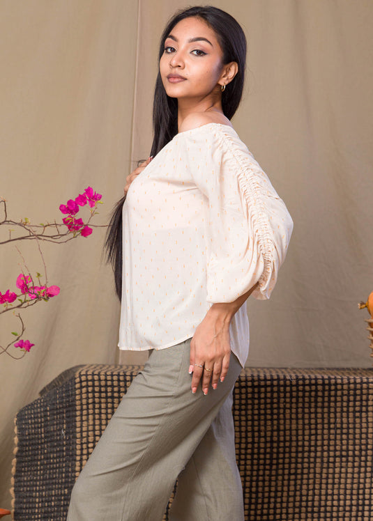 Off Shoulder Ruched Sleeve Blouse