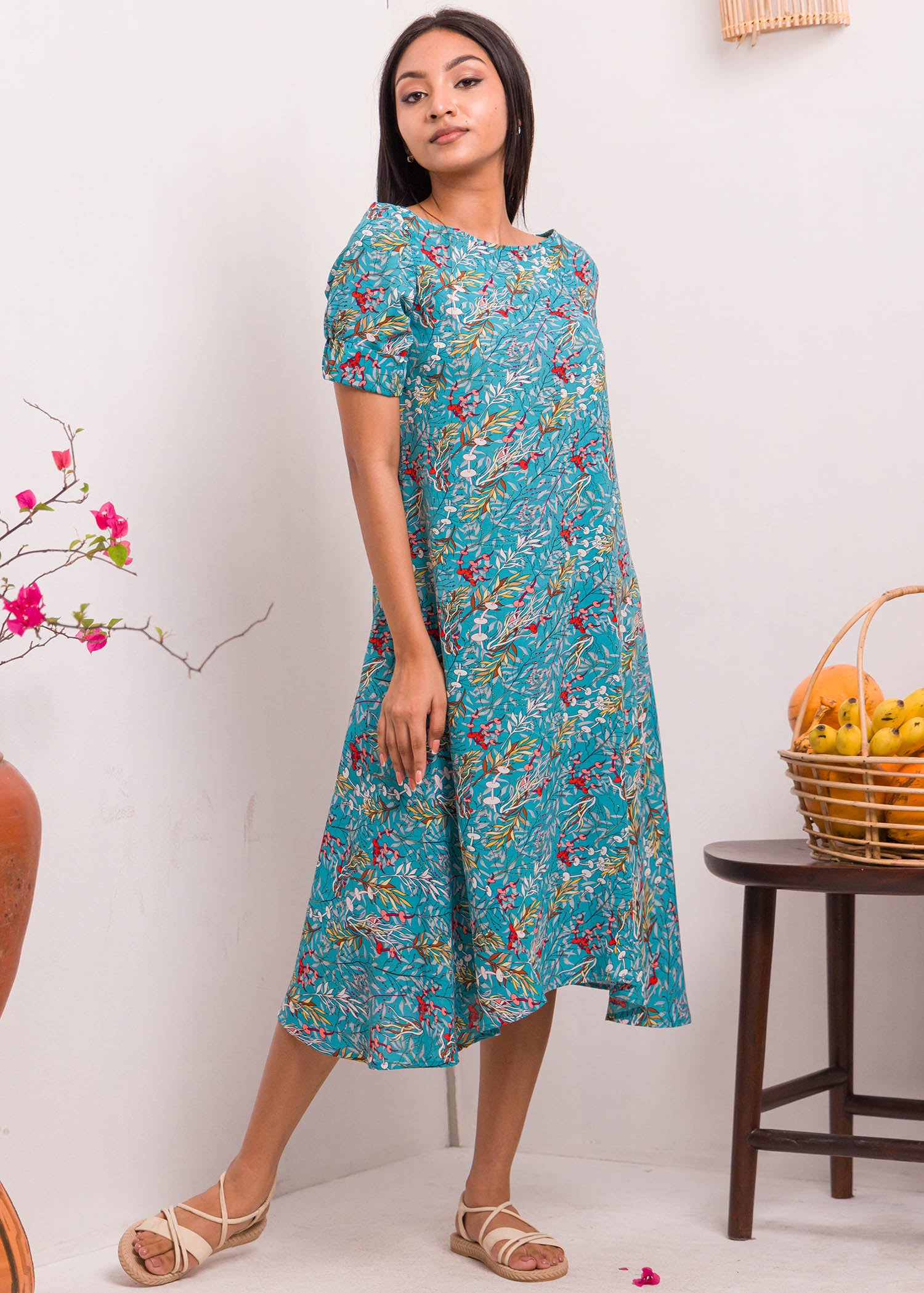 Printed Dress With Elasticated Sleeve