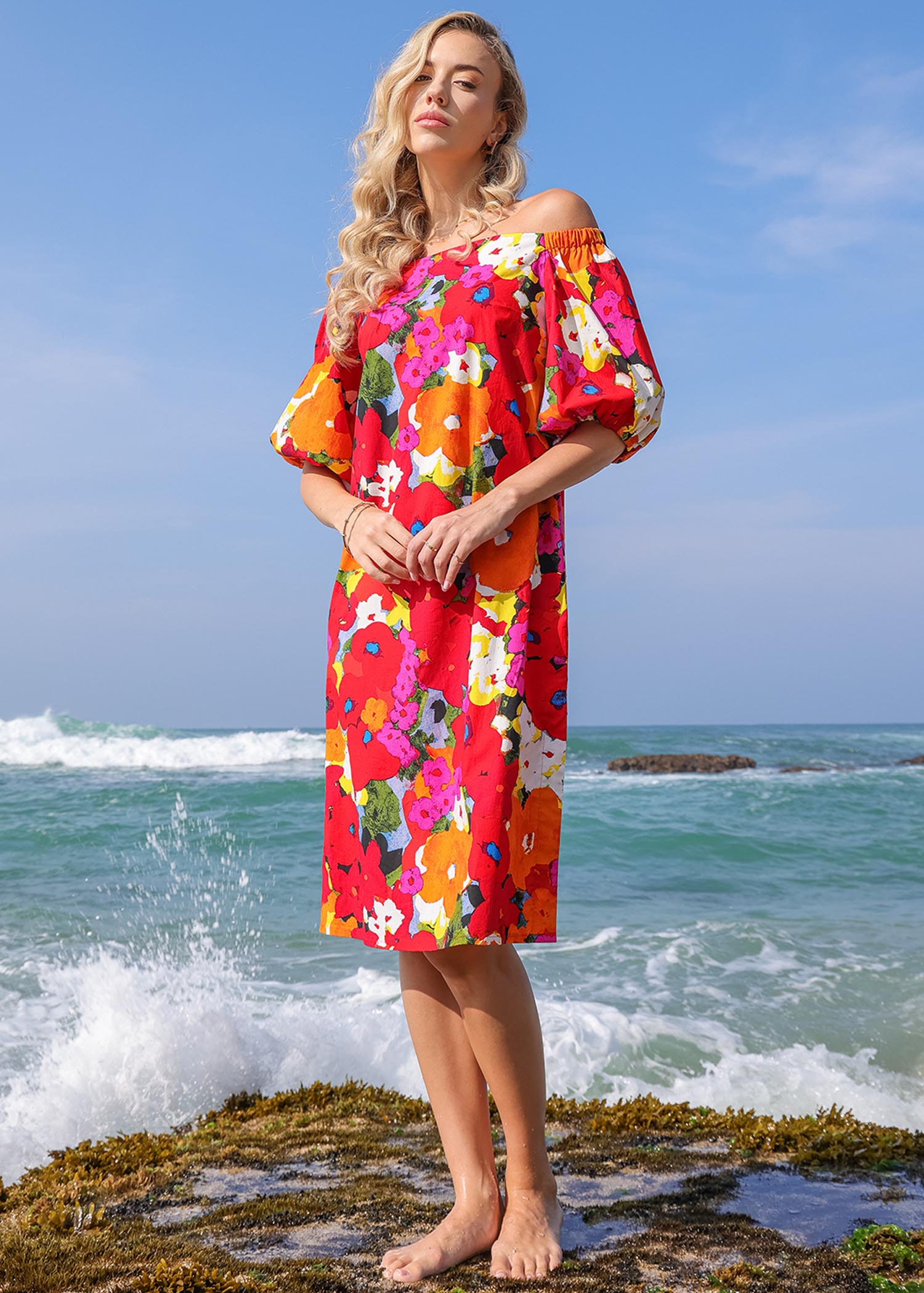 Off Shoulder Balloon Sleeve Midi Dress