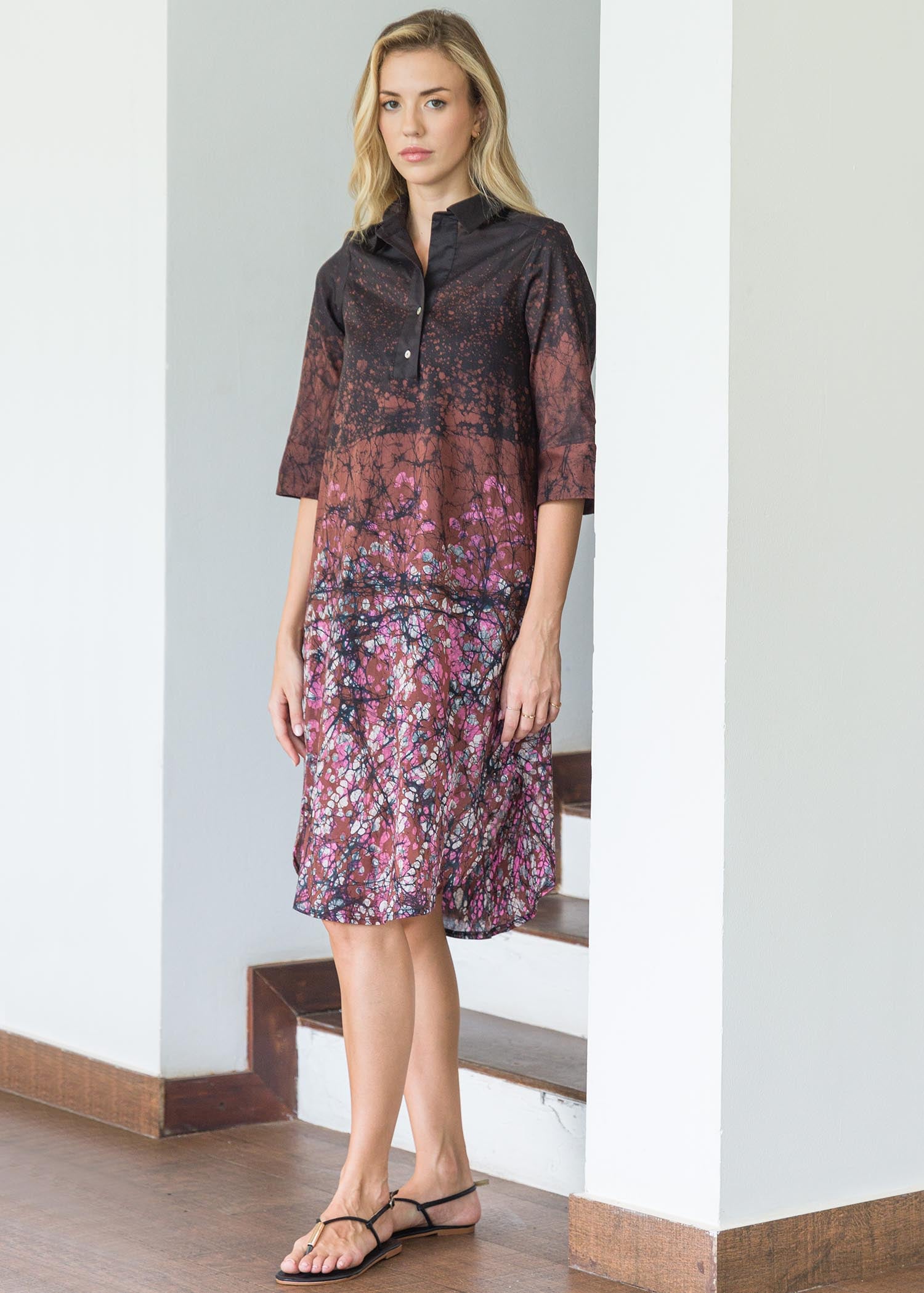 Batik flower branches printed shirt dress