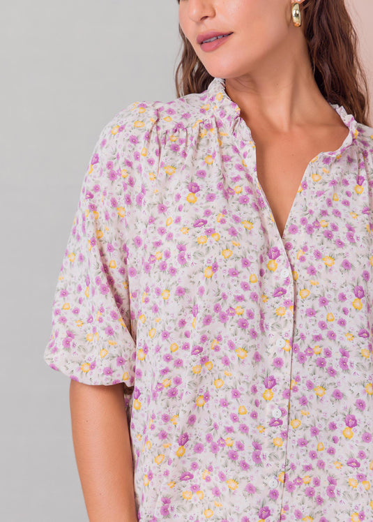 Button down blouse with puff sleeve