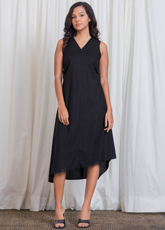 Uneven Hem Midi Dress With Side Ruched Detail
