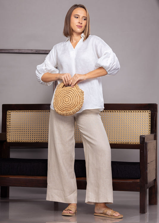 Puff sleeve linen blouse with collar and front pleat