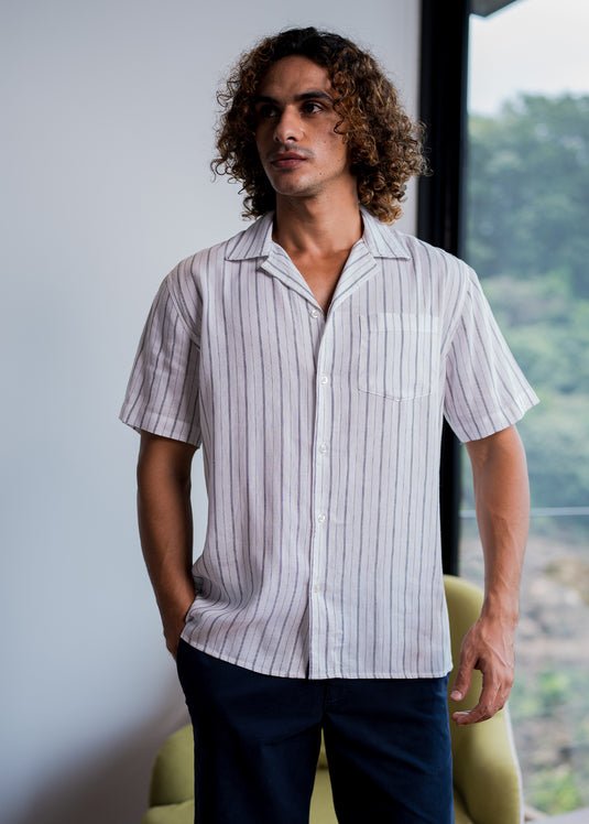 Casual Wear Stripe Cuban Collar S/S Shirt