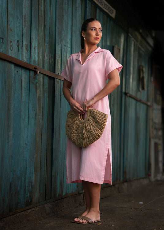 Midi Length Column Dress With Cuban Collar