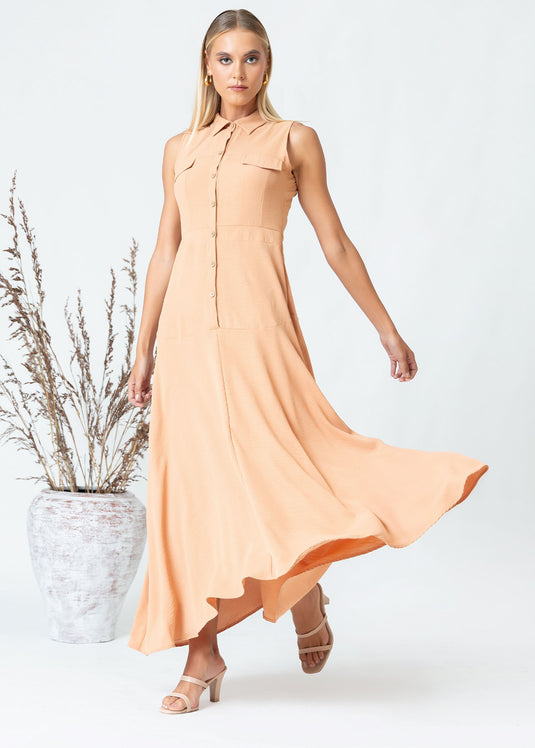 Sleeveless midi dress with cut panels