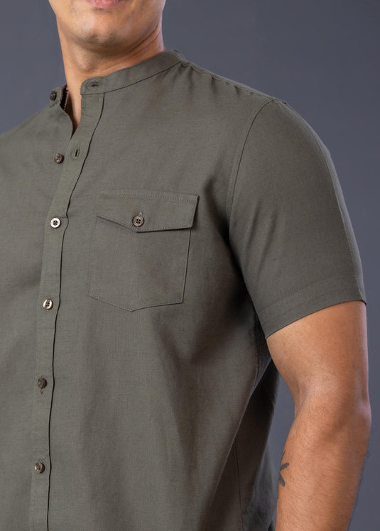 Manderin Collar Short Sleeve Shirt With Pkt.