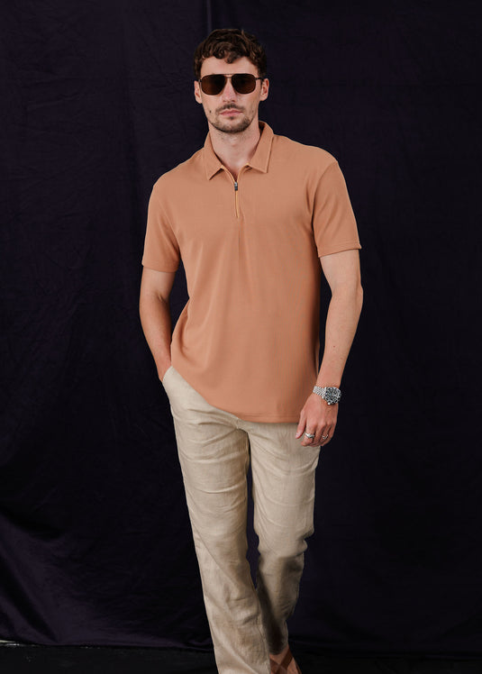 Waffle polo T-shiirt with Zipper