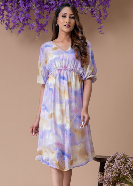 Printed dolman sleeve dress with elasticated waist