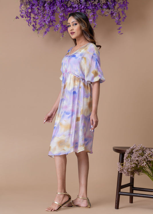 Printed dolman sleeve dress with elasticated waist