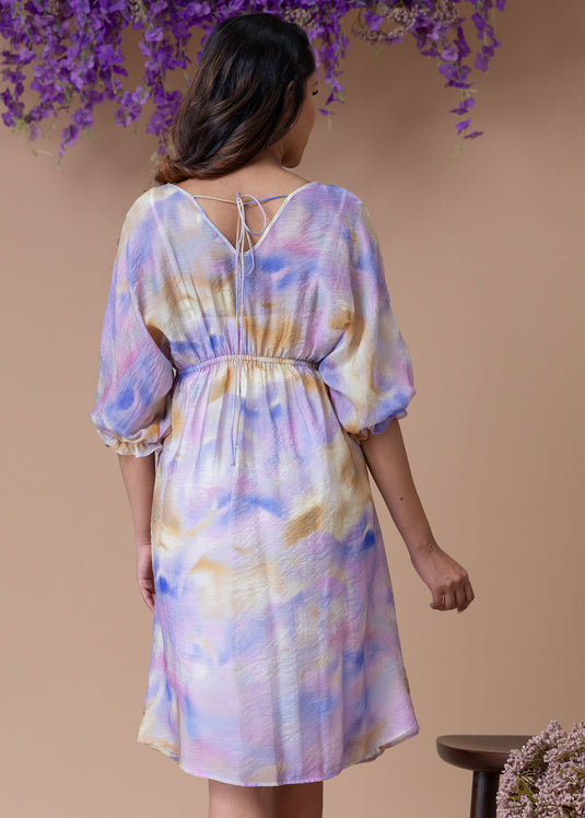 Printed dolman sleeve dress with elasticated waist
