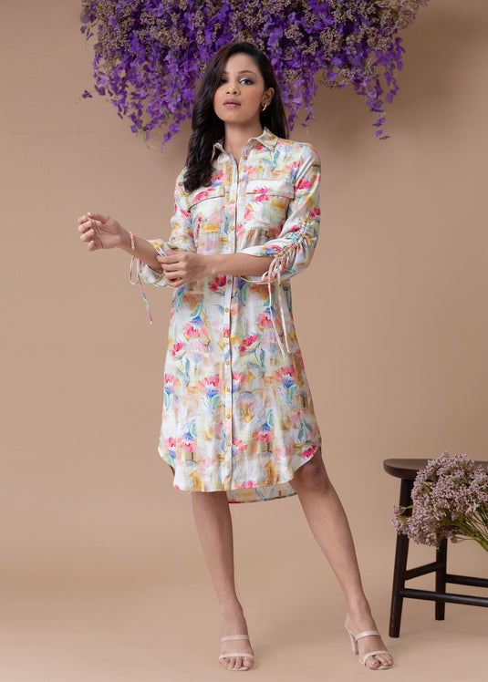 Printed shirt dress with drawcord detailed sleeve