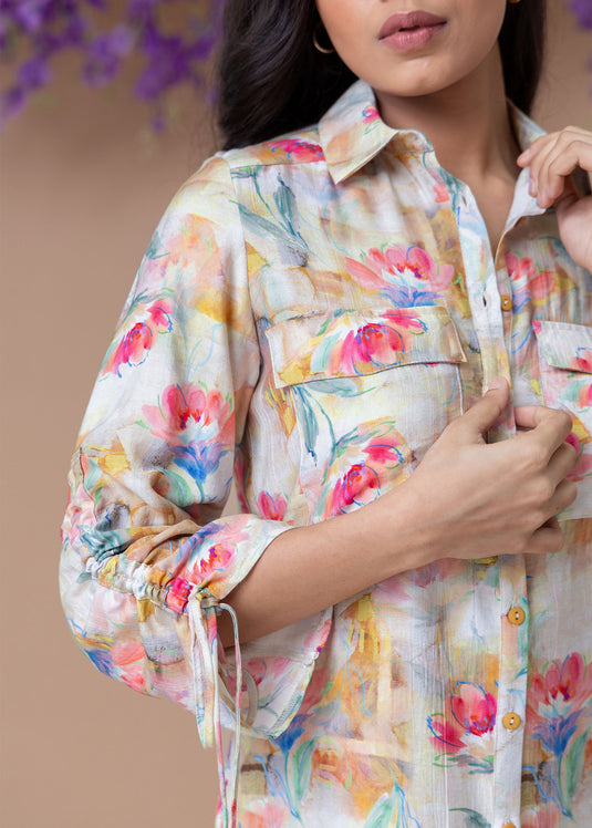 Printed shirt dress with drawcord detailed sleeve