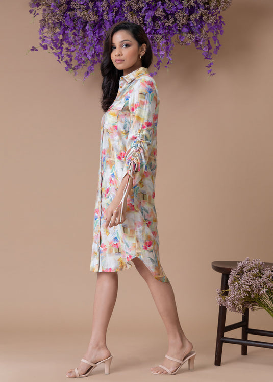 Printed shirt dress with drawcord detailed sleeve