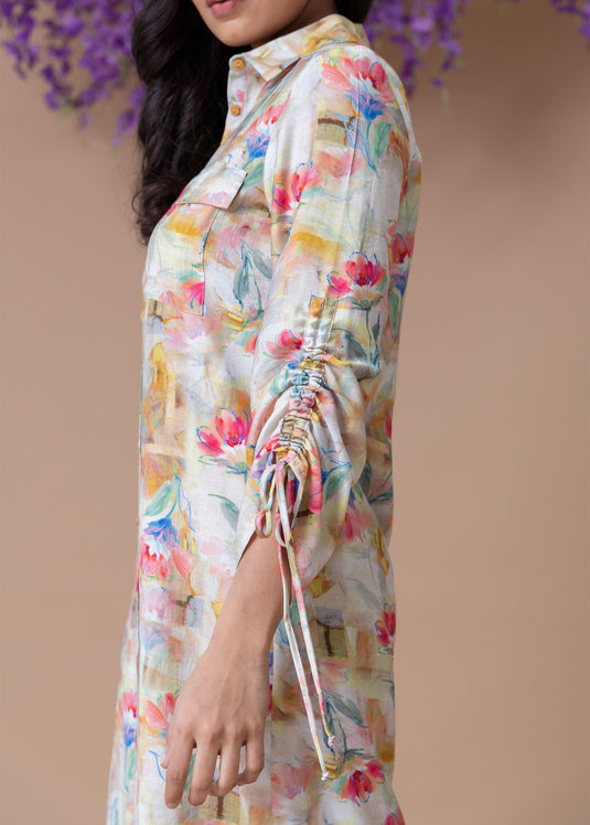 Printed shirt dress with drawcord detailed sleeve