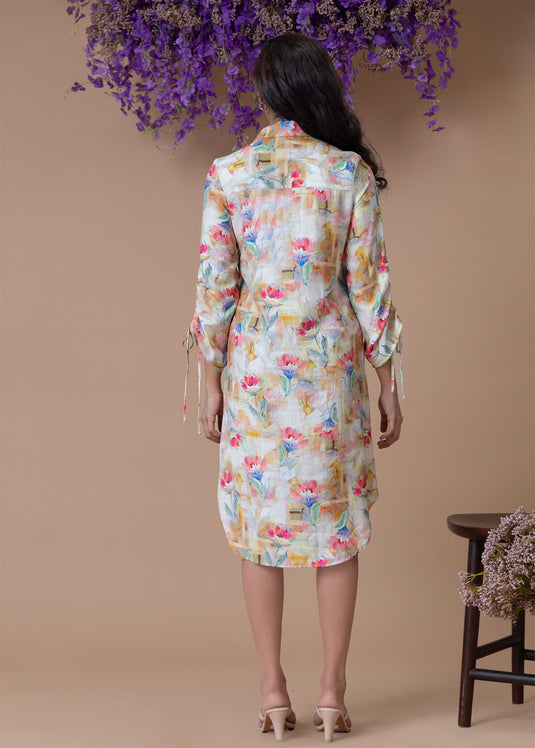 Printed shirt dress with drawcord detailed sleeve