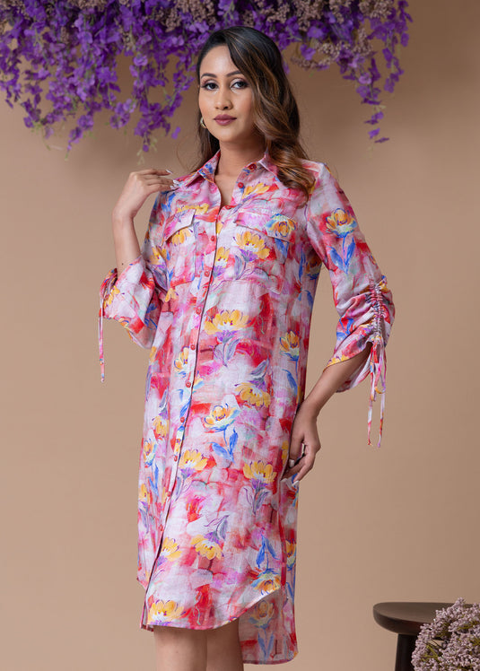 Printed shirt dress with drawcord detailed sleeve