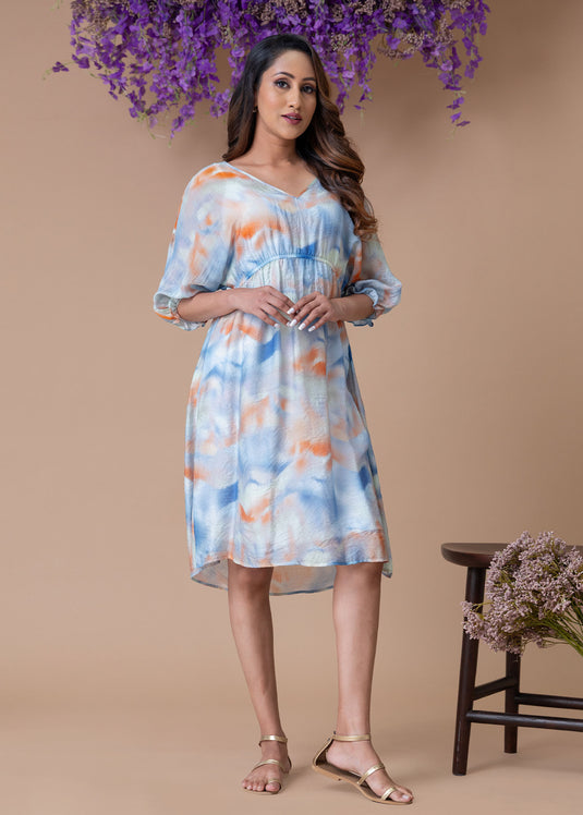 Printed dolman sleeve dress with elasticated waist