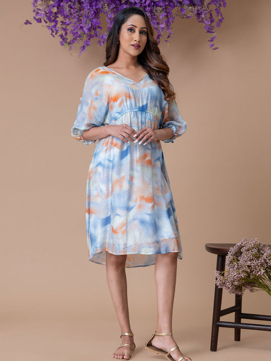 Printed dolman sleeve dress with elasticated waist